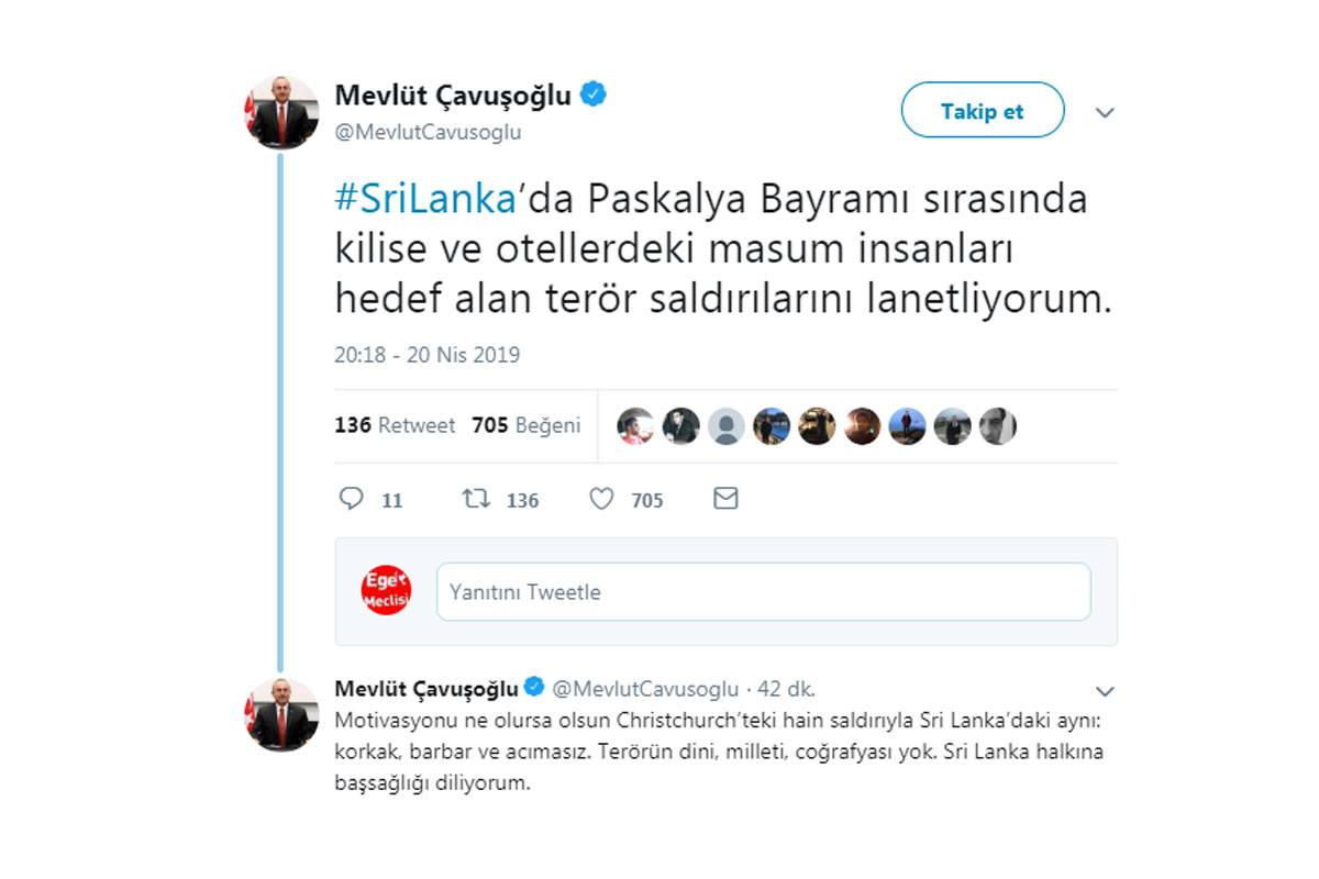 Dışişleri Bakanı Mevlüt Çavuşoğlu, Sri Lanka’da yaşanan terör saldırısı ile