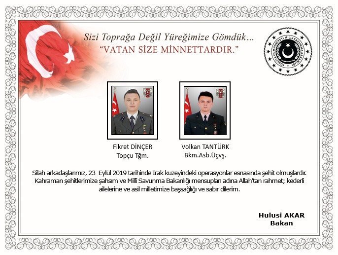 Milli Savunma Bakanı Hulusi Akar , Irak’ın kuzeyindeki operasyon esnasında