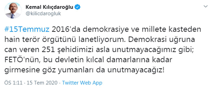 Kılıçdaroğlu’ndan 15 Temmuz Paylaşımı 15 Temmuz 2016’da Türkiye’de gerçekleşen darbe girişimi için bir çok