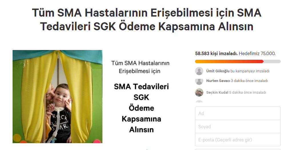 SMA hastaları ve hasta yakınları “change org” adlı imza kampanyası