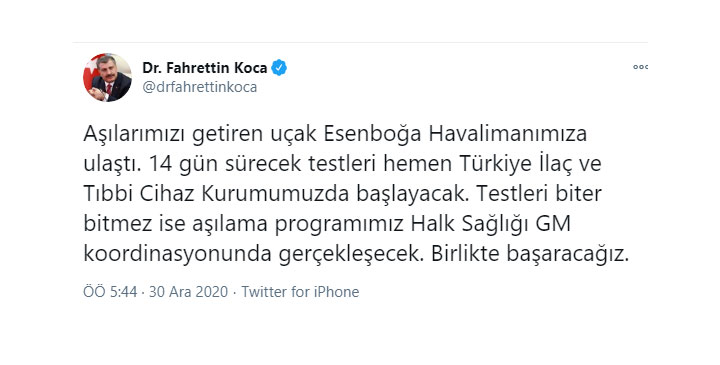Türkiye Çinli aşı firması SinoVac’tan 3 milyon doz korona virüs