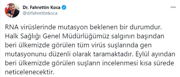 Sağlık Bakanı Fahrettin Koca, mutasyon ile ilgili açıklamada bulundu. Sağlık