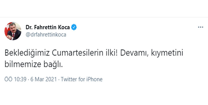 Sağlık Bakanı Dr. Fahrettin Koca, uzun süre sonra kaldırılan Cumartesi