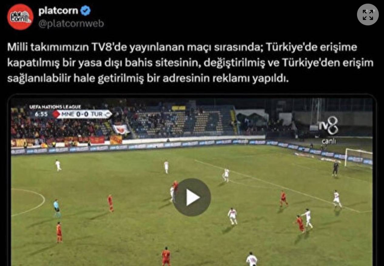 Acun Ilıcalı'nın Kanalı TV 8'de yayınlanan Türkiye Karadağ maçında yasa dışı bahis reklamlarının buzlanmadığı belirtiliyor. Acun Ilıcalı'nın Kanalı TV 8'de yayınlanan Türkiye Karadağ maçında yasa dışı bahis reklamlarının buzlanmadığı belirtiliyor.