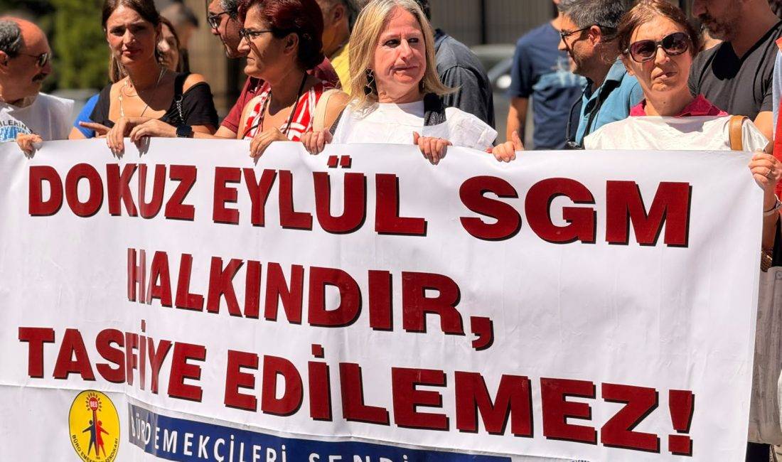 SGK Binasının Demokrasi Üniversitesi’ne Verilmesine Sert Tepki! Büro-İş Sendikası İzmir Şubesi tarafından düzenlenen eylemde, Dokuz Eylül SGM